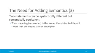 The Need for Adding Semantics (3)
Two statements can be syntactically different but
semantically equivalent
◦ Their meaning (semantics) is the same, the syntax is different
◦ More than one ways to state an assumption
Chapter 1 Materializing the Web of Linked Data 12
 