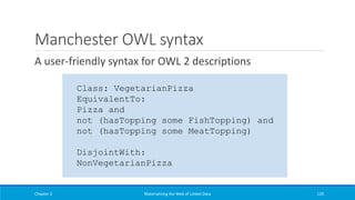 Manchester OWL syntax
A user-friendly syntax for OWL 2 descriptions
Chapter 2 Materializing the Web of Linked Data 120
Class: VegetarianPizza
EquivalentTo:
Pizza and
not (hasTopping some FishTopping) and
not (hasTopping some MeatTopping)
DisjointWith:
NonVegetarianPizza
 