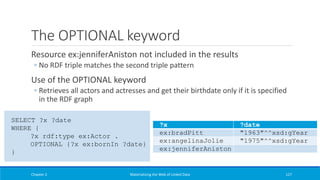 The OPTIONAL keyword
Resource ex:jenniferAniston not included in the results
◦ No RDF triple matches the second triple pattern
Use of the OPTIONAL keyword
◦ Retrieves all actors and actresses and get their birthdate only if it is specified
in the RDF graph
Chapter 2 Materializing the Web of Linked Data 127
?x ?date
ex:bradPitt "1963"^^xsd:gYear
ex:angelinaJolie "1975"^^xsd:gYear
ex:jenniferAniston
SELECT ?x ?date
WHERE {
?x rdf:type ex:Actor .
OPTIONAL {?x ex:bornIn ?date}
}
 