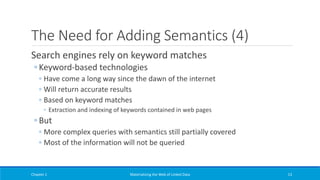 The Need for Adding Semantics (4)
Search engines rely on keyword matches
◦ Keyword-based technologies
◦ Have come a long way since the dawn of the internet
◦ Will return accurate results
◦ Based on keyword matches
◦ Extraction and indexing of keywords contained in web pages
◦ But
◦ More complex queries with semantics still partially covered
◦ Most of the information will not be queried
Chapter 1 Materializing the Web of Linked Data 13
 