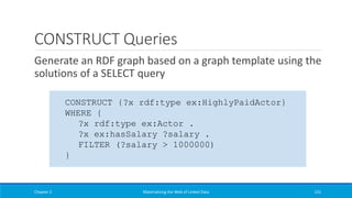 CONSTRUCT Queries
Generate an RDF graph based on a graph template using the
solutions of a SELECT query
Chapter 2 Materializing the Web of Linked Data 131
CONSTRUCT {?x rdf:type ex:HighlyPaidActor}
WHERE {
?x rdf:type ex:Actor .
?x ex:hasSalary ?salary .
FILTER (?salary > 1000000)
}
 