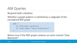 ASK Queries
Respond with a boolean
Whether a graph pattern is satisfied by a subgraph of the
considered RDF graph
Return true if the RDF graph contains an actor named "Cate
Blanchett"
Chapter 2 Materializing the Web of Linked Data 132
ASK {
?x rdf:type ex:Actor .
?x foaf:name "Cate Blanchett" .
}
 