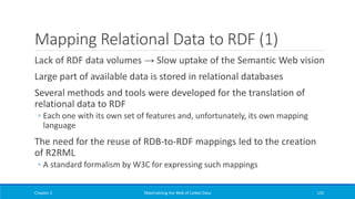 Mapping Relational Data to RDF (1)
Lack of RDF data volumes → Slow uptake of the Semantic Web vision
Large part of available data is stored in relational databases
Several methods and tools were developed for the translation of
relational data to RDF
◦ Each one with its own set of features and, unfortunately, its own mapping
language
The need for the reuse of RDB-to-RDF mappings led to the creation
of R2RML
◦ A standard formalism by W3C for expressing such mappings
Chapter 2 Materializing the Web of Linked Data 135
 