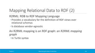 Mapping Relational Data to RDF (2)
R2RML: RDB to RDF Mapping Language
◦ Provides a vocabulary for the definition of RDF views over
relational schemas
◦ Is database vendor-agnostic
An R2RML mapping is an RDF graph: an R2RML mapping
graph
◦ In Turtle syntax
Chapter 2 Materializing the Web of Linked Data 136
 