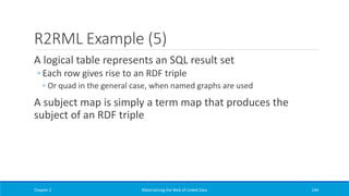 R2RML Example (5)
A logical table represents an SQL result set
◦ Each row gives rise to an RDF triple
◦ Or quad in the general case, when named graphs are used
A subject map is simply a term map that produces the
subject of an RDF triple
Chapter 2 Materializing the Web of Linked Data 144
 