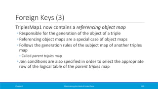 Foreign Keys (3)
TriplesMap1 now contains a referencing object map
◦ Responsible for the generation of the object of a triple
◦ Referencing object maps are a special case of object maps
◦ Follows the generation rules of the subject map of another triples
map
◦ Called parent triples map
◦ Join conditions are also specified in order to select the appropriate
row of the logical table of the parent triples map
Chapter 2 Materializing the Web of Linked Data 149
 