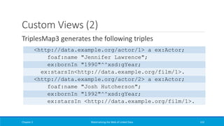 Custom Views (2)
TriplesMap3 generates the following triples
Chapter 2 Materializing the Web of Linked Data 152
<http://data.example.org/actor/1> a ex:Actor;
foaf:name "Jennifer Lawrence";
ex:bornIn "1990"^^xsd:gYear;
ex:starsIn<http://data.example.org/film/1>.
<http://data.example.org/actor/2> a ex:Actor;
foaf:name "Josh Hutcherson";
ex:bornIn "1992"^^xsd:gYear;
ex:starsIn <http://data.example.org/film/1>.
 