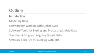 Outline
Introduction
Modeling Data
Software for Working with Linked Data
Software Tools for Storing and Processing Linked Data
Tools for Linking and Aligning Linked Data
Software Libraries for working with RDF
Chapter 3 Materializing the Web of Linked Data 182
 