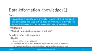 Data-Information-Knowledge (1)
Data
Information
◦ “facts about a situation, person, event, etc.”
Smallest information particle
◦ The bit
◦ Replies with a yes or no (1 or 0)
◦ Can carry data, but in the same time, it can carry the result of a process
◦ For instance whether an experiment had a successful conclusion or not
Chapter 1 Materializing the Web of Linked Data 19
Information, especially facts or numbers, collected to be examined
and considered and used to help decision-making, or information in
an electronic form that can be stored and used by a computer
 