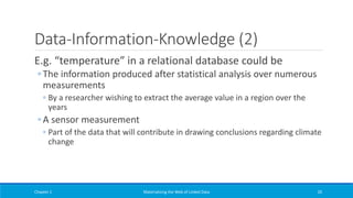Data-Information-Knowledge (2)
E.g. “temperature” in a relational database could be
◦ The information produced after statistical analysis over numerous
measurements
◦ By a researcher wishing to extract the average value in a region over the
years
◦ A sensor measurement
◦ Part of the data that will contribute in drawing conclusions regarding climate
change
Chapter 1 Materializing the Web of Linked Data 20
 