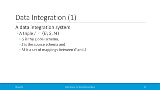 Data Integration (1)
A data integration system
◦ A triple 𝐼 = 𝐺; 𝑆; 𝑀
◦ G is the global schema,
◦ S is the source schema and
◦ M is a set of mappings between G and S
Chapter 1 Materializing the Web of Linked Data 30
 
