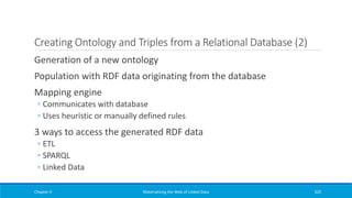 Creating Ontology and Triples from a Relational Database (2)
Generation of a new ontology
Population with RDF data originating from the database
Mapping engine
◦ Communicates with database
◦ Uses heuristic or manually defined rules
3 ways to access the generated RDF data
◦ ETL
◦ SPARQL
◦ Linked Data
Chapter 4 Materializing the Web of Linked Data 320
 