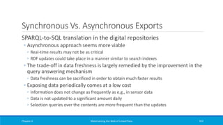 Synchronous Vs. Asynchronous Exports
SPARQL-to-SQL translation in the digital repositories
◦ Asynchronous approach seems more viable
◦ Real-time results may not be as critical
◦ RDF updates could take place in a manner similar to search indexes
◦ The trade-off in data freshness is largely remedied by the improvement in the
query answering mechanism
◦ Data freshness can be sacrificed in order to obtain much faster results
◦ Exposing data periodically comes at a low cost
◦ Information does not change as frequently as e.g., in sensor data
◦ Data is not updated to a significant amount daily
◦ Selection queries over the contents are more frequent than the updates
Chapter 4 Materializing the Web of Linked Data 352
 