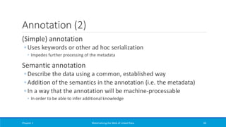 Annotation (2)
(Simple) annotation
◦ Uses keywords or other ad hoc serialization
◦ Impedes further processing of the metadata
Semantic annotation
◦ Describe the data using a common, established way
◦ Addition of the semantics in the annotation (i.e. the metadata)
◦ In a way that the annotation will be machine-processable
◦ In order to be able to infer additional knowledge
Chapter 1 Materializing the Web of Linked Data 36
 