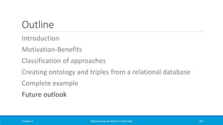 Outline
Introduction
Motivation-Benefits
Classification of approaches
Creating ontology and triples from a relational database
Complete example
Future outlook
Chapter 4 Materializing the Web of Linked Data 361
 