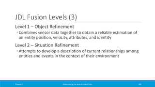 JDL Fusion Levels (3)
Level 1 – Object Refinement
◦ Combines sensor data together to obtain a reliable estimation of
an entity position, velocity, attributes, and identity
Level 2 – Situation Refinement
◦ Attempts to develop a description of current relationships among
entities and events in the context of their environment
Chapter 5 Materializing the Web of Linked Data 382
 
