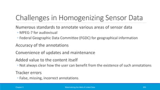 Challenges in Homogenizing Sensor Data
Numerous standards to annotate various areas of sensor data
◦ MPEG-7 for audiovisual
◦ Federal Geographic Data Committee (FGDC) for geographical information
Accuracy of the annotations
Convenience of updates and maintenance
Added value to the content itself
◦ Not always clear how the user can benefit from the existence of such annotations
Tracker errors
◦ False, missing, incorrect annotations
Chapter 5 Materializing the Web of Linked Data 395
 