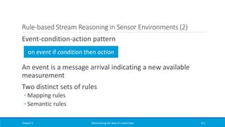 Rule-based Stream Reasoning in Sensor Environments (2)
Event-condition-action pattern
An event is a message arrival indicating a new available
measurement
Two distinct sets of rules
◦ Mapping rules
◦ Semantic rules
Chapter 5 Materializing the Web of Linked Data 411
on event if condition then action
 