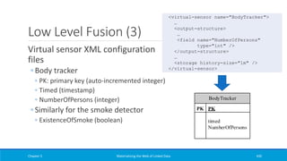 Low Level Fusion (3)
Virtual sensor XML configuration
files
◦ Body tracker
◦ PK: primary key (auto-incremented integer)
◦ Timed (timestamp)
◦ NumberOfPersons (integer)
◦ Similarly for the smoke detector
◦ ExistenceOfSmoke (boolean)
Chapter 5 Materializing the Web of Linked Data 430
BodyTracker
PK PK
timed
NumberOfPersons
<virtual-sensor name="BodyTracker">
…
<output-structure>
…
<field name="NumberOfPersons"
type="int" />
</output-structure>
…
<storage history-size="1m" />
</virtual-sensor>
 