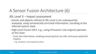 A Sensor Fusion Architecture (6)
JDL Level 3 – Impact assessment
◦ Events and objects refined at JDL Level 2 are subsequently
analyzed, using semantically enriched information, resulting at the
inferred system state
◦ High Level Fusion (HLF, e.g., using Virtuoso’s rule engine) operates
at this level
◦ Fuses the information, enabling reasoning that can infer and assess potential
impacts
◦ E.g. situations and respective alerts
Chapter 5 Materializing the Web of Linked Data 438
 