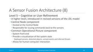 A Sensor Fusion Architecture (8)
Level 5 – Cognitive or User Refinement
◦ A higher level, introduced in revised versions of the JDL model
◦ Control Node component
◦ Hosted at the Central Node
◦ Responsible for issuing commands back to the sensors
◦ Common Operational Picture component
◦ System front-end
◦ Provide a visualization of the system state
◦ Deployed sensors, detected objects, sensed events and inferred threats
◦ Allows for human-computer interaction
Chapter 5 Materializing the Web of Linked Data 440
 