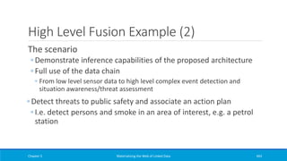 High Level Fusion Example (2)
The scenario
◦ Demonstrate inference capabilities of the proposed architecture
◦ Full use of the data chain
◦ From low level sensor data to high level complex event detection and
situation awareness/threat assessment
◦ Detect threats to public safety and associate an action plan
◦ I.e. detect persons and smoke in an area of interest, e.g. a petrol
station
Chapter 5 Materializing the Web of Linked Data 443
 