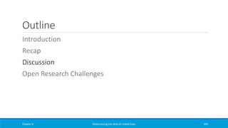 Outline
Introduction
Recap
Discussion
Open Research Challenges
Chapter 6 Materializing the Web of Linked Data 459
 