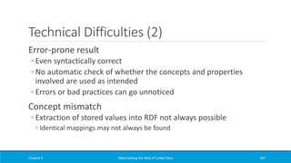 Technical Difficulties (2)
Error-prone result
◦ Even syntactically correct
◦ No automatic check of whether the concepts and properties
involved are used as intended
◦ Errors or bad practices can go unnoticed
Concept mismatch
◦ Extraction of stored values into RDF not always possible
◦ Identical mappings may not always be found
Chapter 6 Materializing the Web of Linked Data 467
 