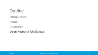 Outline
Introduction
Recap
Discussion
Open Research Challenges
Chapter 6 Materializing the Web of Linked Data 473
 