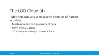 The LOD Cloud (4)
Published datasets span several domains of human
activities
◦ Much more beyond government data
◦ Form the LOD cloud
◦ Constantly increasing in terms of volume
Chapter 1 Materializing the Web of Linked Data 59
 