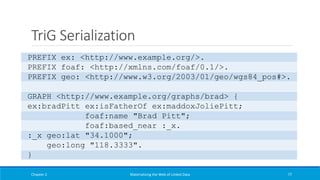 TriG Serialization
Chapter 2 Materializing the Web of Linked Data 77
PREFIX ex: <http://www.example.org/>.
PREFIX foaf: <http://xmlns.com/foaf/0.1/>.
PREFIX geo: <http://www.w3.org/2003/01/geo/wgs84_pos#>.
GRAPH <http://www.example.org/graphs/brad> {
ex:bradPitt ex:isFatherOf ex:maddoxJoliePitt;
foaf:name "Brad Pitt";
foaf:based_near :_x.
:_x geo:lat "34.1000";
geo:long "118.3333".
}
 