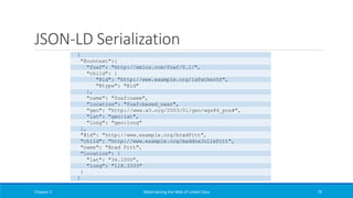 JSON-LD Serialization
Chapter 2 Materializing the Web of Linked Data 79
{
"@context":{
"foaf": "http://xmlns.com/foaf/0.1/",
"child": {
"@id": "http://www.example.org/isFatherOf",
"@type": "@id"
},
"name": "foaf:name",
"location": "foaf:based_near",
"geo": "http://www.w3.org/2003/01/geo/wgs84_pos#",
"lat": "geo:lat",
"long": "geo:long"
},
"@id": "http://www.example.org/bradPitt",
"child": "http://www.example.org/maddoxJoliePitt",
"name": "Brad Pitt",
"location": {
"lat": "34.1000",
"long": "118.3333"
}
}
 