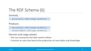 The RDF Schema (6)
Similarly
Produces
Domain and range axioms
◦ Are not constraints that data need to follow
◦ Function as rules that lead to the production of new triples and knowledge
Chapter 2 Materializing the Web of Linked Data 86
ex:starsIn rdfs:range ex:Movie.
ex:worldWarZ rdf:type ex:Movie.
ex:starsIn rdfs:range ex:Movie.
 