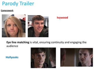 Parody Trailer
Camerawork


                                            Ivywood




    Eye line matching is vital, ensuring continuity and engaging the
    audience


   Hollyoaks
 