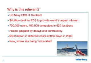 Why is this relevant?



$4billion deal for EDS to provide world’s largest intranet



700,000 users, 400,000 computers in 620 locations



Project plagued by delays and controversy



$550 million in deferred costs written down in 2003



13

US Navy EDS IT Contract

Now, whole site being “unbundled”

 