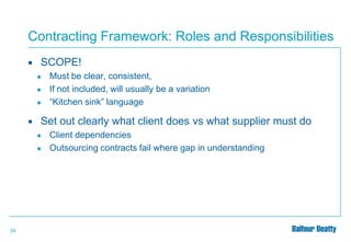 Contracting Framework: Roles and Responsibilities


SCOPE!
●
●
●



Set out clearly what client does vs what supplier must do
●
●

24

Must be clear, consistent,
If not included, will usually be a variation
“Kitchen sink” language

Client dependencies
Outsourcing contracts fail where gap in understanding

 