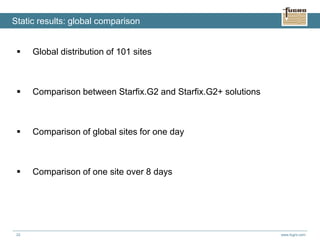 www.fugro.com22
Static results: global comparison
 Global distribution of 101 sites
 Comparison between Starfix.G2 and Starfix.G2+ solutions
 Comparison of global sites for one day
 Comparison of one site over 8 days
 