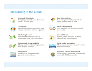 Fundraising in the Cloud
          g
      Donors & Households                         Real-time Analytics
      Everything you need to know about every     Move with speed and efficiency with the
      donor – all in one place
                         p                        insight y need to stay on track
                                                      g you            y


      Affiliations                                Email & Productivity
      Learn how everyone is connected to make     Work seamlessly with the tools you already
      stronger connections with your supporters   use everyday


      Marketing & Leads                           Content Library
      Run and track campaigns across all          No more aimless searching…all of your
      channels and know where to invest next      collateral, right at your fingertips


      Donations & Recurring Gifts                 Social Media Integration
      Manage one-time and recurring donations     Wherever your supporters are, you’ll be there.
      from pledge to collection                   Join the conversation


      ECommerce                                   Volunteer & Event Management
      Quickly set-up and manage online            Set-up volunteer tracking and events with the
      payments from your donors                   most usable CRM for nonprofits
 