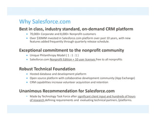 Why Salesforce.com
Why Salesforce com
Best in class, industry standard, on‐demand CRM platform
   • 70,000+ Corporate and 8,000+ Nonprofit customers
   • O
     Over $30MM invested in Salesforce.com platform over past 10 years, with new 
          $30MM i      t di S l f            l tf             t 10       ith
     features added frequently through quarterly release schedule.

Exceptional commitment to the nonprofit community
    p                            p              y
   • Unique Philanthropy Model ( 1 : 1 : 1 )
   • Salesforce.com Nonprofit Edition + 10 user licenses free to all nonprofits


Robust Technical Foundation
R b T h i lF         d i
   • Hosted database and development platform
   • Open source platform with collaborative development community (App Exchange)
   • CRM capabilities increase volunteer acquisition and retention
     CRM capabilities increase volunteer acquisition and retention

Unanimous Recommendation for Salesforce.com
   • Made by Technology Task Force after significant client input and hundreds of hours 
             y          gy                 g                  p
     of research defining requirements and  evaluating technical partners /platforms.
 