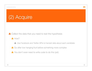 (2) Acquire
Collect the data that you need to test the hypothesis
How?
Use Facebook and Twitter APIs to harvest data about...