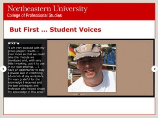 But First … Student Voices
MIKE W.
―I am very pleased with my
group project results —
even more so that we could
take the module we
developed and, with very
little tweaking, put it to use
in our own settings. … I
have an opportunity to play
a pivotal role in redefining
education at my workplace.
I’m very grateful for the
knowledge I received and
the two colleagues and
Professor who helped shape
my knowledge in this area.‖

 