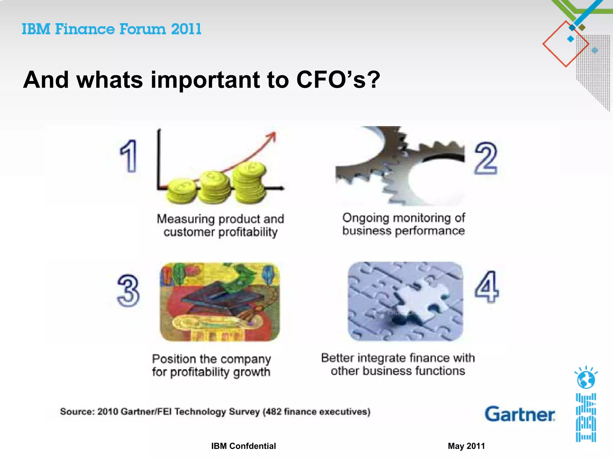And whats important to CFO’s?




               IBM Confdential   May 2011
 
