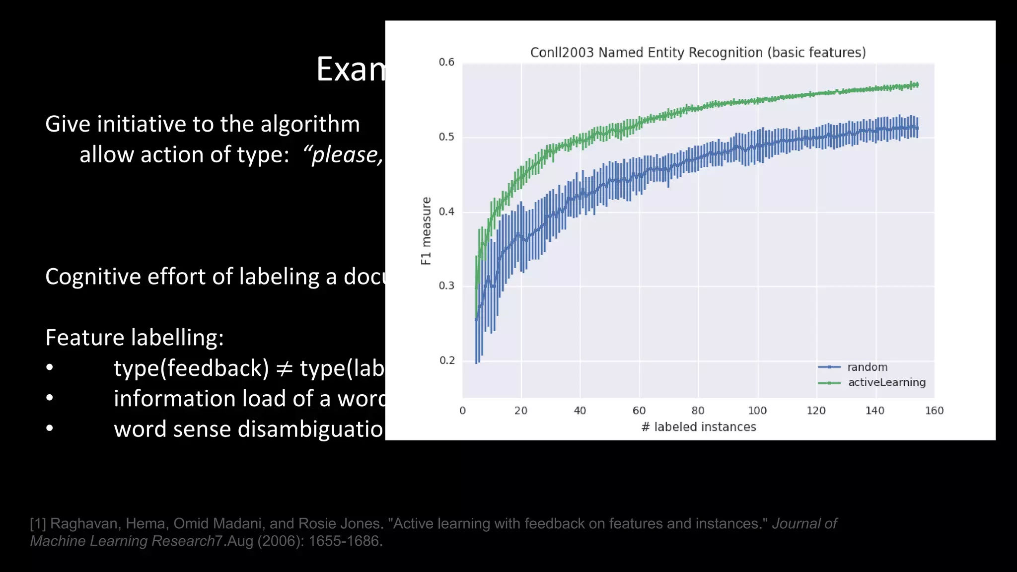 Example: Active Learning
Give initiative to the algorithm
allow action of type: “please, label instance x”
Cognitive effort of labeling a document 3-5x higher than labelling a word [1]
Feature labelling:
• type(feedback) ≠ type(label)
• information load of a word label is small
• word sense disambiguation
[1] Raghavan, Hema, Omid Madani, and Rosie Jones. "Active learning with feedback on features and instances." Journal of
Machine Learning Research7.Aug (2006): 1655-1686.
 