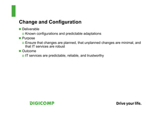 Change and Configuration
 Deliverable
  Known configurations and predictable adaptations
 Purpose
  Ensure that changes are planned, that unplanned changes are minimal, and
  that IT services are robust
 Outcome
  IT services are predictable, reliable, and trustworthy
 