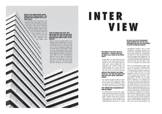 BERLIN IST EIN IMMER WIEDER AUFTRE-
TENDES MOTIV IN DEINEN BILDERN - WAS
INSPIRIERT UND FASZINIERT DICH SO AN
DIESER STADT?
Die Gegensätze sind sehr spannend. Der
Westen und der Osten haben sich unter-
schiedlich nach dem 2.Weltkrieg entwickelt.
Auf beiden Seiten gibt es interessante
Architektur, seltsame Orte, Parks und
Plätze, die ich gerne aufsuche. Berlin
ist viele Städte auf einmal, überall
ist es ein bisschen anders, die
Dinge verändern sich sehr
schnell und man kann fast
jeden Tag etwas Neu-
es entdecken, wenn
man danach sucht.
SEHR OFT DENKEN VIELE LEUTE, DASS
BERLIN EHER EINE STADT VOLL MIT GRAU
UND ASPHALT IST. ABER IN DEINE BILDER
SIEHT MAN EINE FARBIGE STADT. IST DAS
BEWUSST?
Berlin ist eine sehr große Stadt mit ver-
schiedene Orten und Bewohner. Es ist sehr
vielfaltig. Manche teile im Berlin sind grau
und manche sehr bunt. Ich sehe es als
Teil von meine fotografische Aufgabe die-
se Farbige Spots in dieser Stadt zu finden
wo ich so viel Zeit verbracht habe. Ich ma-
che aber genau dasselbe in andere Städte.
Diese graphische Qualität und Farben in
meine Bilder sind eine charakteristische
Merkmale und ich suche die Überall so
dass es zu dem Kontext von mein Port-
folio passt. Ich glaube das wäre die Be-
gründung warum ich nicht graue Stadt-
teile, aber manchmal tue ich es trotzdem.
WIE FINDEST DU DIE ORTE, DIE DU FO-
TOGRAFIERST – ZUFÄLLIG ODER HAST
Du einen ‚Plan’ bevor Du auf reisen
GEHST?
Beides. Wenn ich in eine Stadt reise, dann
verbringe ich den ganzen Tag mit Erkun-
dungen zu Fuß. In der Regel schaue ich
vorher auch, welche Gebäude für mich
Interessant sein konnten. Gerade bei
größeren Reisen will ich nicht alles dem
Zufall überlassen und steuere auch ge-
zielt Orte an, die ich vorher recherchiere.
WENN DU FOTOS MACHST, WAS GENAU
SUCHST DU ? AUF VIELE VON DEINE FOTOS
SIEHT MAN VIELE LINIEN, STRUKTUREN,
FARBEN...
Das ist genau wonach ich Suche, da kann
man nicht viel darüber sagen.Ich verbrin-
ge die meiste Zeit swqwpazieren durch
die Städte und gucke mir die Architektur
und mache Fotos von alles was mir auffallt.
WAS KÖNNEN WIR IN NÄCHSTER ZEIT
VON DIR SEHEN?
Ich arbeite gerade an einem sehr interes-
santen Projekt mit einem Musiker aus Berlin
zusammen. Aber das ist noch ein bisschen
geheim. Darüber hinaus gibt es natürlich
immer etwas auf meinem Instagram (@
matthiasheiderich) und auf meinem Tumblr
(matthiasheiderich.tumblr.com) zu sehen.
DU SAGST, DASS DU EIN AUTODIDAKTI-
SCHER FOTOGRAF BIST. WIE HAT ALLES
ANGEFANGEN UND WAS HAT DEIN INTERES-
SE AN DER FOTOGRAFIE GEWECKT?
Autodidaktisch bedeutet, dass ich keine
fotografische Ausbildung absolviert und
auch keinen Fotografiekurs besucht habe.
Ich fing völlig unbedarft an, zu fotografieren
und habe mir im Laufe der Zeit die techni-
schen Grundlagen selbst beigebracht. Hin
und wieder bemerke ich allerdings, dass ich
von manchen fotografischen Dingen keinen
Schimmer habe, weil sie bisher für mei-
ne Art von Fotografie nicht wichtig waren.
Was das kompositorische angeht, habe
ich mir viel von anderen Fotografen abge-
schaut. Ich verbringe viel Zeit damit, mir
die Arbeit anderer Fotografen anzuschau-
en. Auf diese Weise habe ich mit der Zeit
festgestellt, welche Art Fotos ich selbst
machen möchte. Mich interessiert vor al-
lem Architekturfotografie und die vielen
Möglichkeiten, die man bei der fotogra-
fischen Darstellung von Gebäuden hat.
Flickr war von Anfang an eine große Inspi-
rationsquelle für mich und sehr hilfreich da-
bei, meinen eigenen Stil zu finden und vor
allem auch ein Grund, warum mein Inter-
esse an Fotografie überhaupt erwuchs. Ich
habe dort einige meiner Lieblingsfotografen
gefunden und erst nach und nach die wirk-
lich berühmten Fotografen der Fotografie-
geschichte kennengelernt. Wenn ich heute
nach meinen Lieblingsfotografen gefragt
werde, dann sind das nicht die großen Na-
men, die Fotografiegeschichte geschrieben
haben, sondern meistens Fotografen, die
auch unter meinen Flickr-Kontakten sind.
 