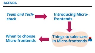 AGENDA
Team and Tech-
stack
Introducing Micro-
frontends
Things to take care
in Micro-frontends
When to choose
Micro-front...