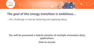 The goal of the energy transition is ambitious...
...this challenge is met by fostering and applying ideas.
You will be presented a hybrid solution of multiple innovative (key)
applications.
(link to movie)
 