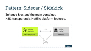 Pattern: Sidecar / Sidekick
Enhance & extend the main container.
K8S: transparently. Netflix: platform features.
UDSA Node 
Backend
MAIN CONTAINER
Redis 
Cache
SIDECAR
Pod
 
