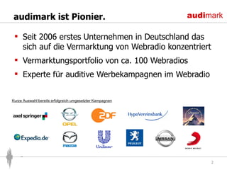 audimark ist Pionier. Seit 2006 erstes Unternehmen in Deutschland das sich auf die Vermarktung von Webradio konzentriert Vermarktungsportfolio von ca. 100 Webradios Experte für auditive Werbekampagnen im Webradio Kurze Auswahl bereits erfolgreich umgesetzter Kampagnen 