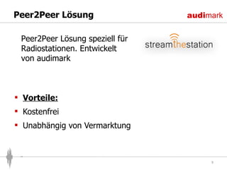 Peer2Peer Lösung Vorteile: Kostenfrei Unabhängig von Vermarktung Peer2Peer Lösung speziell für Radiostationen. Entwickelt von audimark 